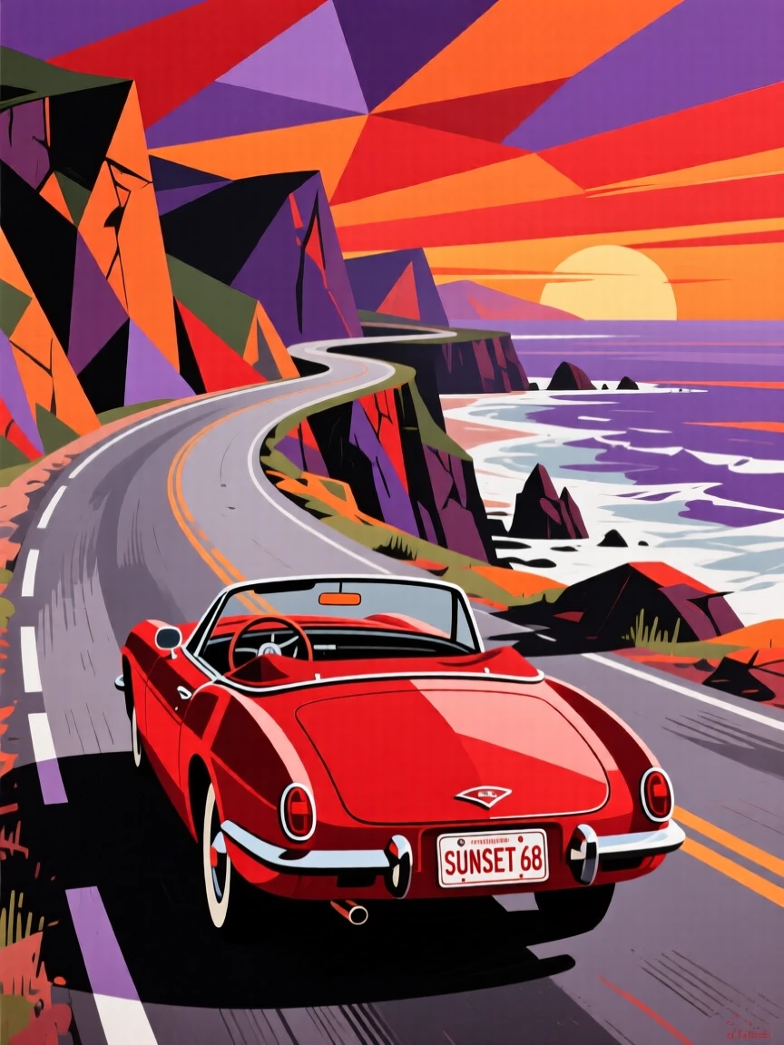 A vintage red convertible cruising along a coastal highway at sunset.