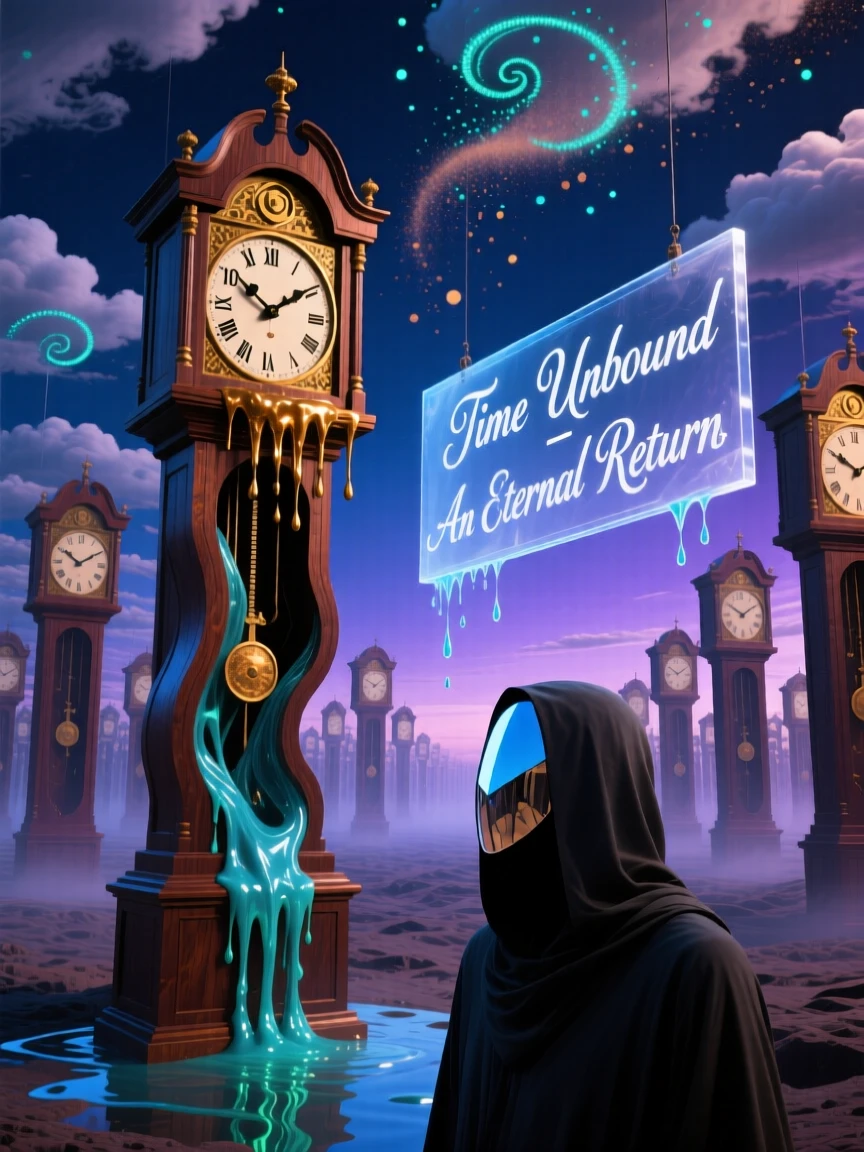A grandfather clock whose hands melt slowly down its wooden face repeats itself endlessly in every direction, while dust drifts upward instead of settling down.