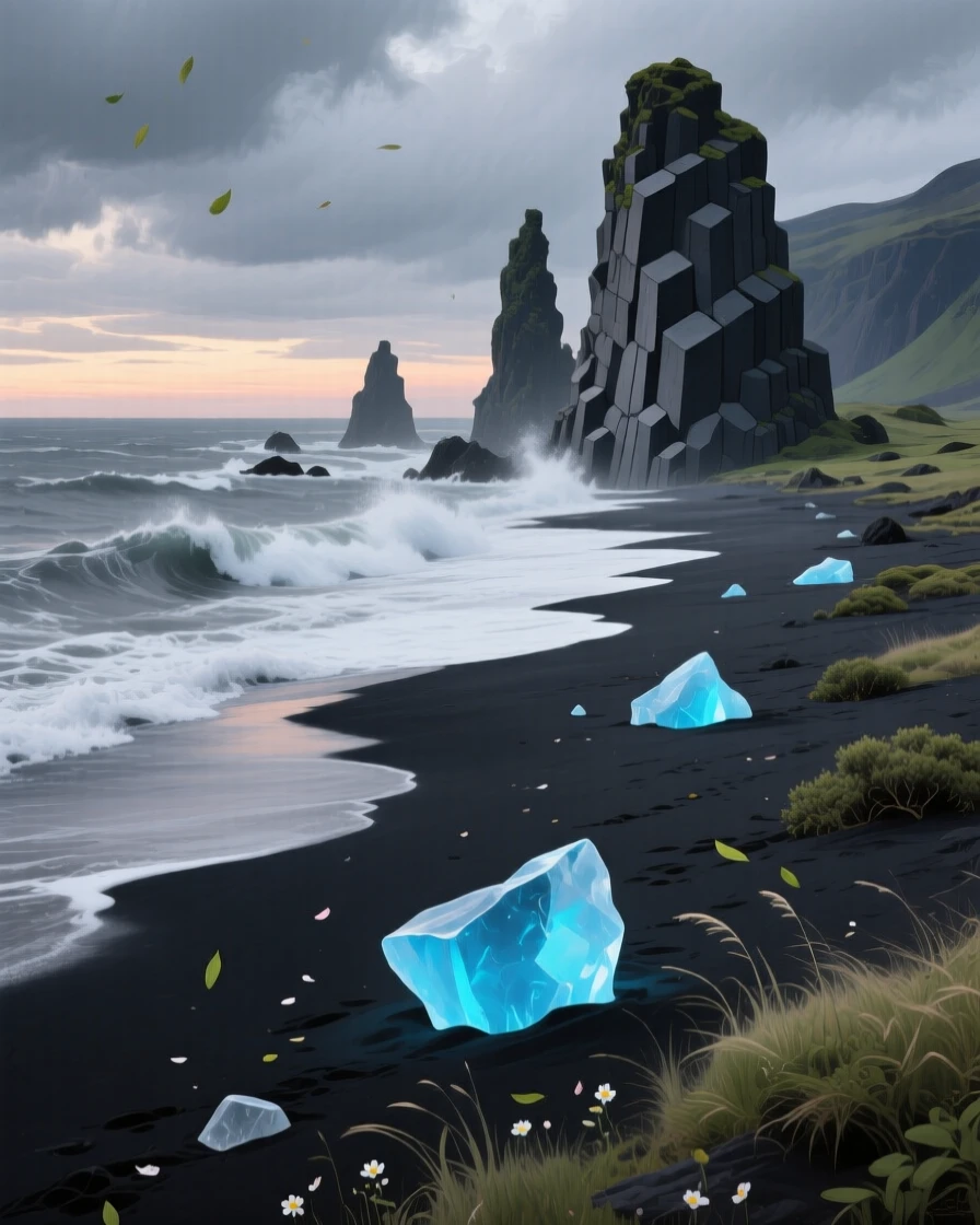 A dramatic coastline in Iceland shows black volcanic sand meeting churning gray waves, basalt columns rising nearby, distant icebergs washed ashore glowing blue, as a light breeze stirs the surrounding vegetation and carries the scent of damp earth.
