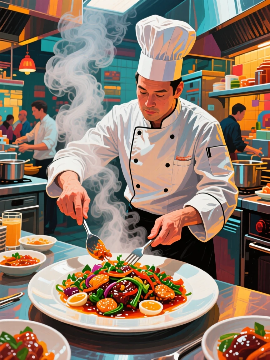 A chef plating an intricate dish in a bustling restaurant kitchen, steam rising around them