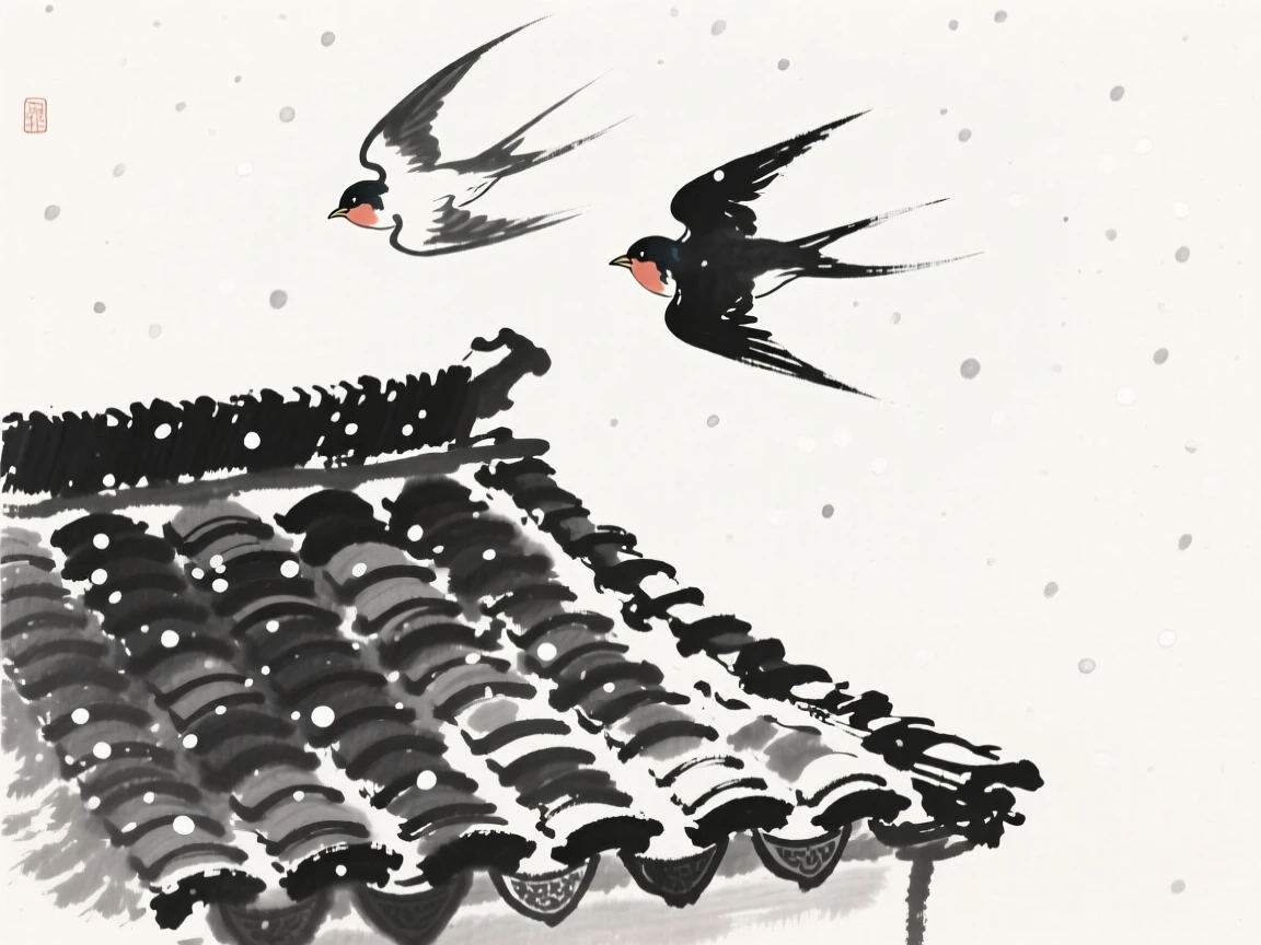 Two swallows dart above a tiled rooftop, as snow begins to fall softly.