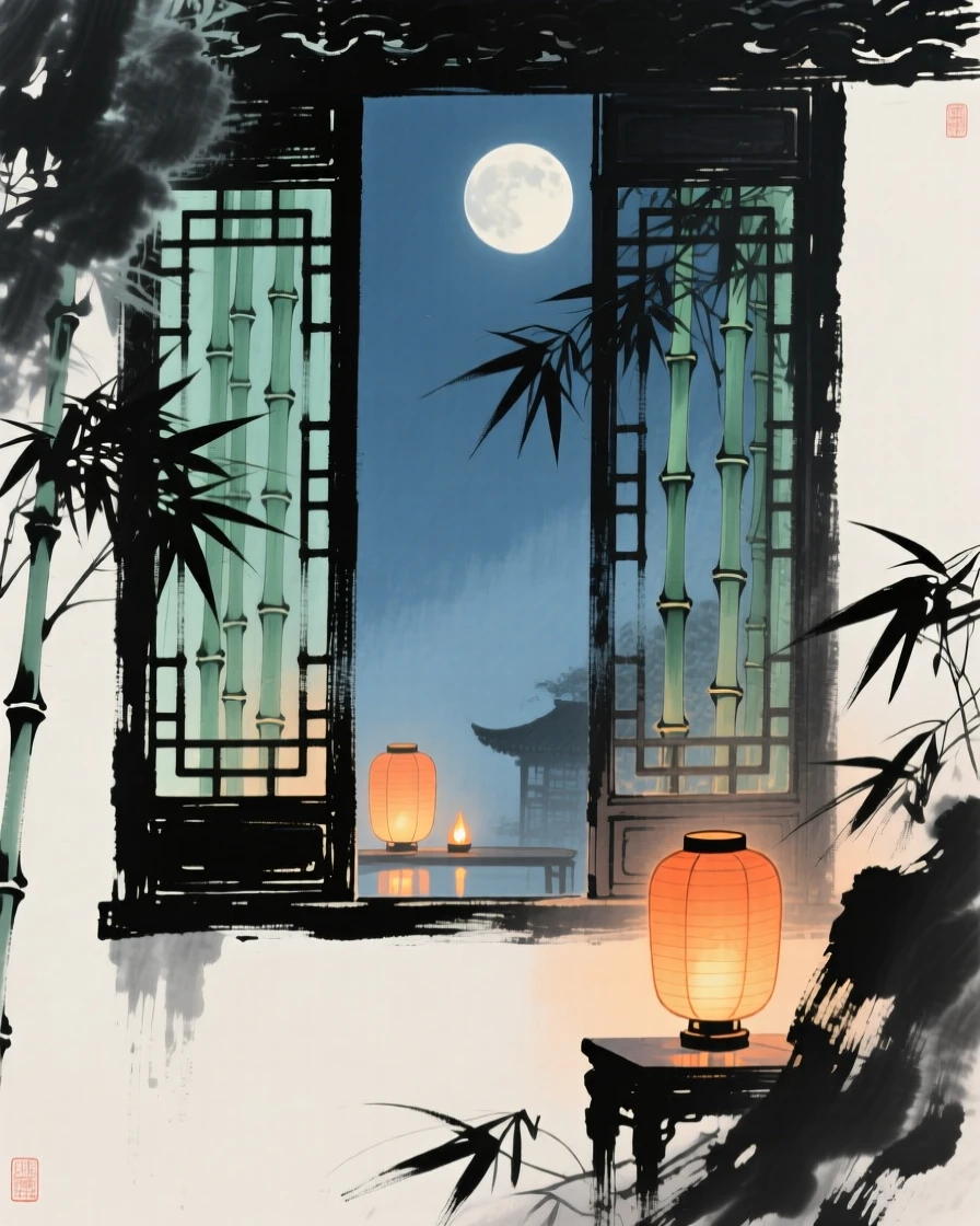 Moonlight falling softly through a bamboo lattice window, as lanterns are lit for the evening.