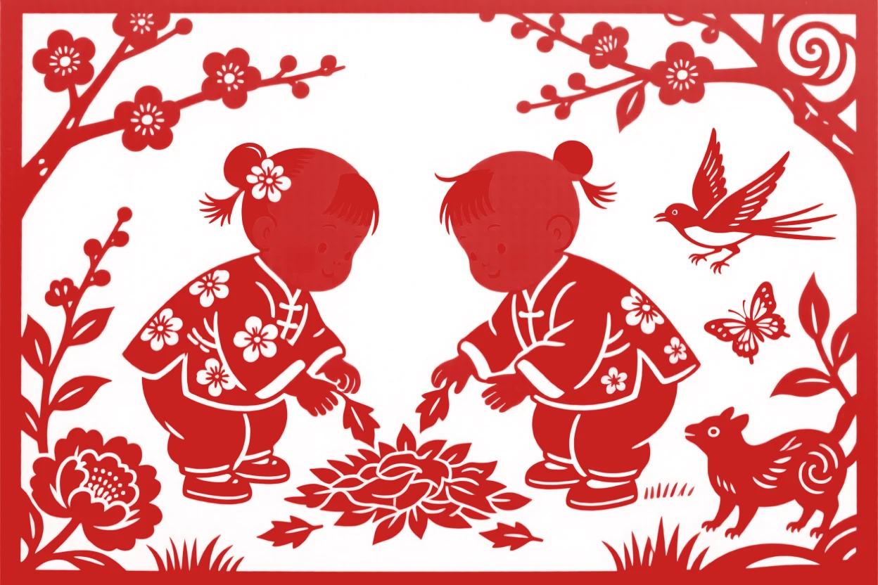 Twin toddlers, gathering fallen leaves into a small pile, the scent of blossoms filling the spring air.