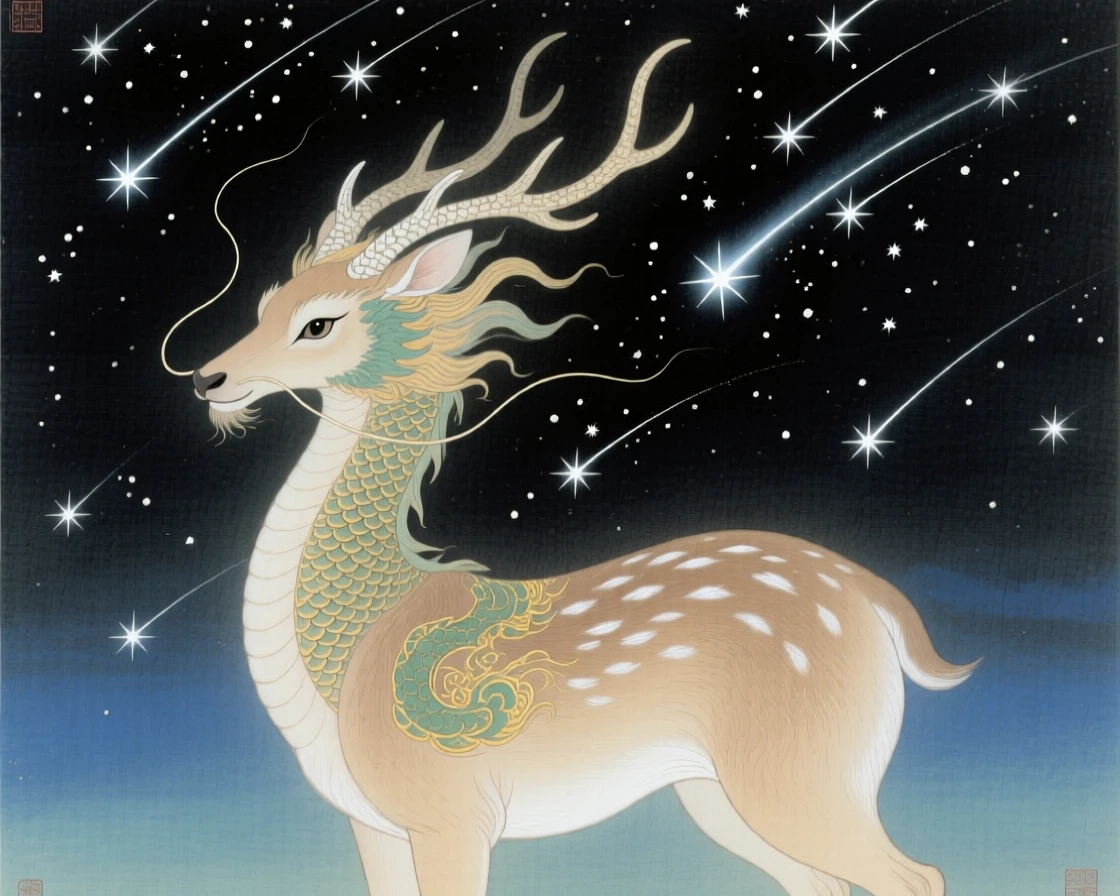 A gentle qilin with a dragon's head and deer's body beneath a sky filled with shooting stars