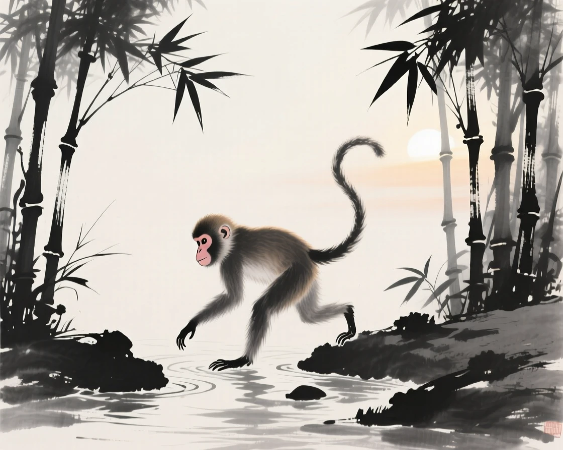A monkey crossing a shallow stream at first light through a bamboo thicket, captured in profile against a soft, empty background, evoking the gentle rhythm of the natural world.