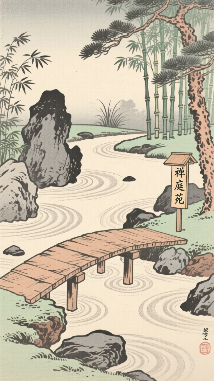 A raked zen rock garden, crossed by a simple wooden footbridge.