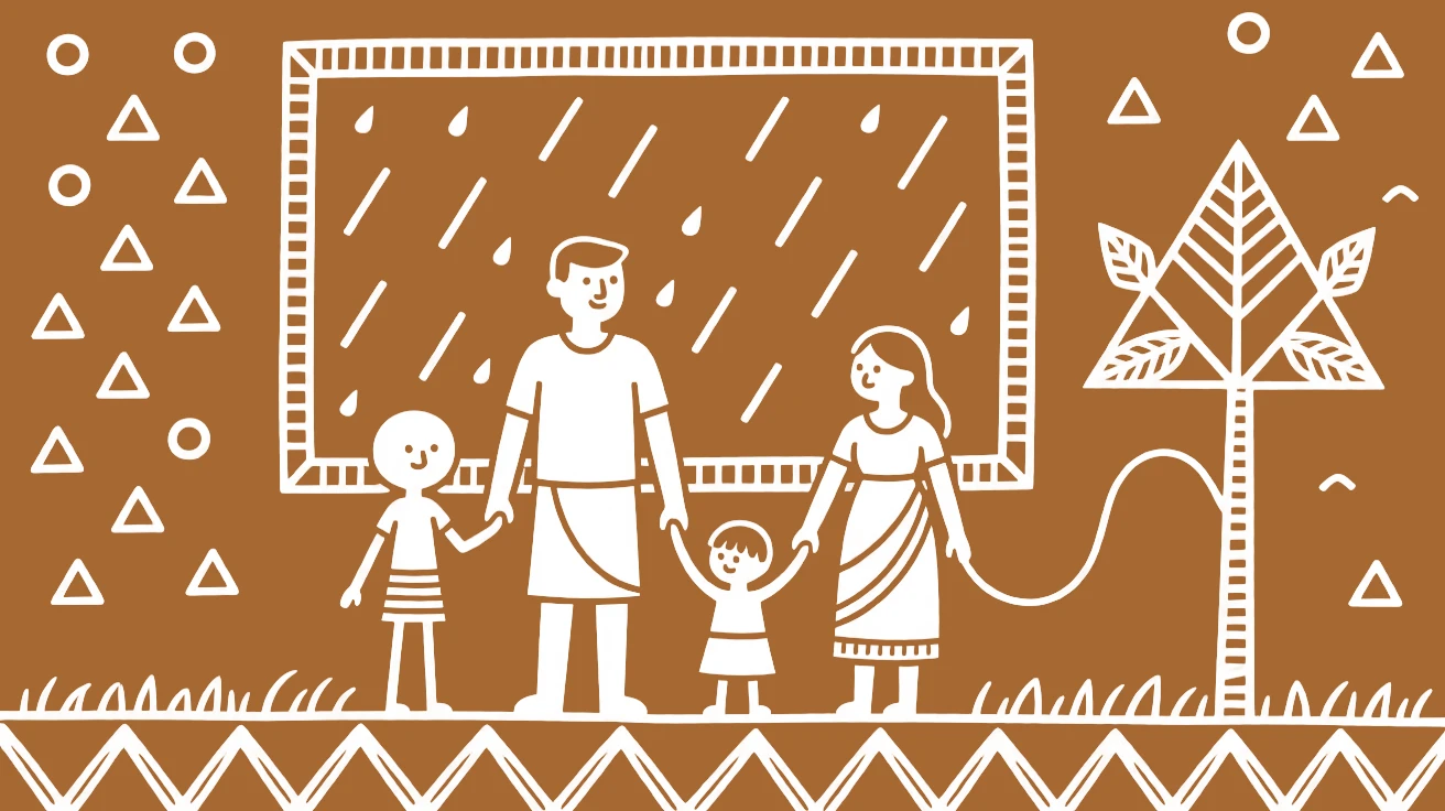 A father posing together for a family portrait by a window during the monsoon.