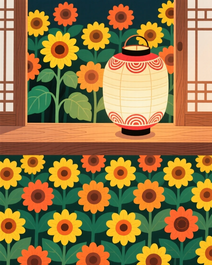 A still arrangement of a field of sunflowers beneath a paper lantern on a windowsill.