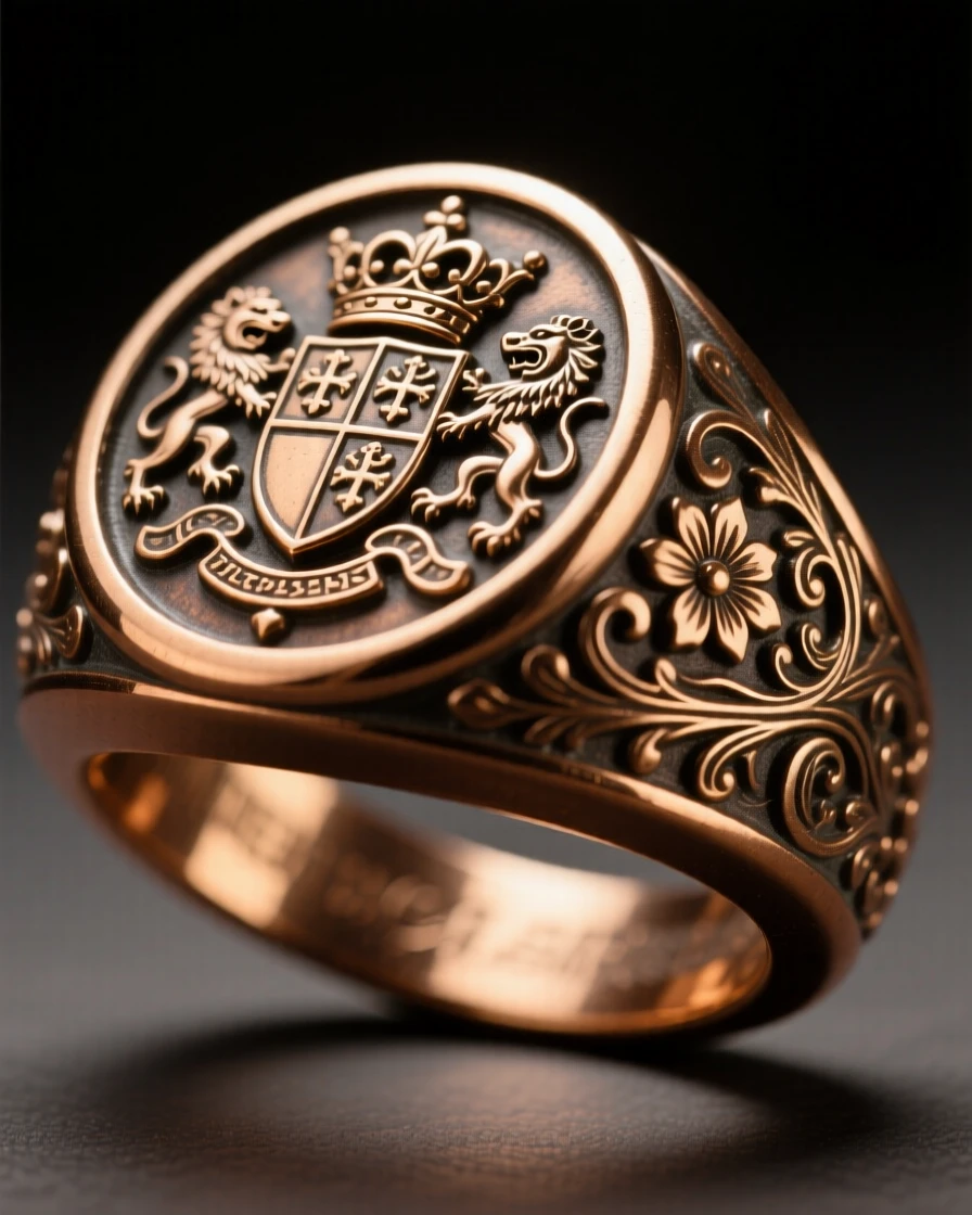 An ornate signet ring bearing a family crest, with delicate texture and fine ornamentation, radiating elegance and refinement
