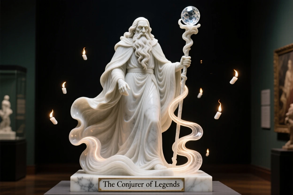 A wise old wizard conjuring swirling light from his staff, surrounded by swirling light and floating embers, radiating power and legend