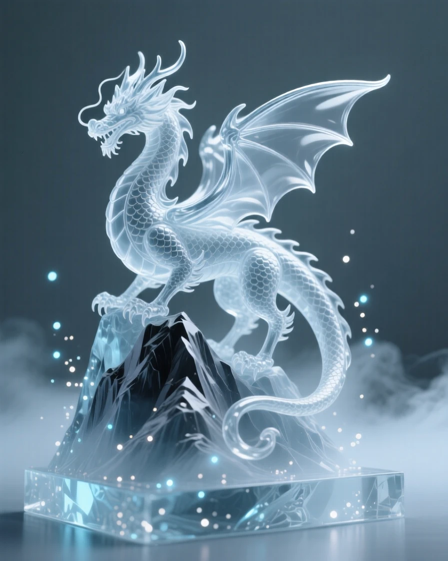 A majestic dragon perched on a mountain peak surrounded by softly glowing particles and gentle mist, wide cinematic composition, radiating magic and serenity.