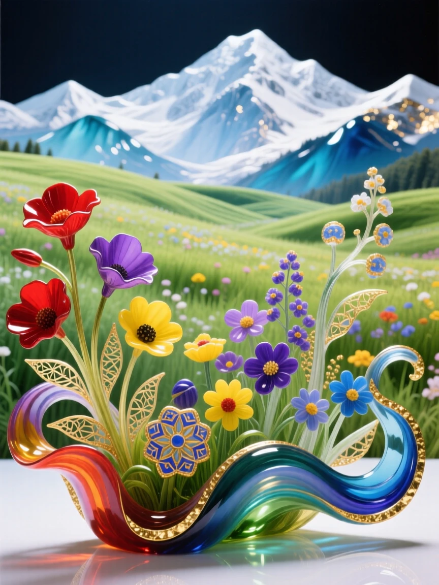 A meadow of wildflowers rolling toward distant snow-capped mountains, idyllic and expansive.