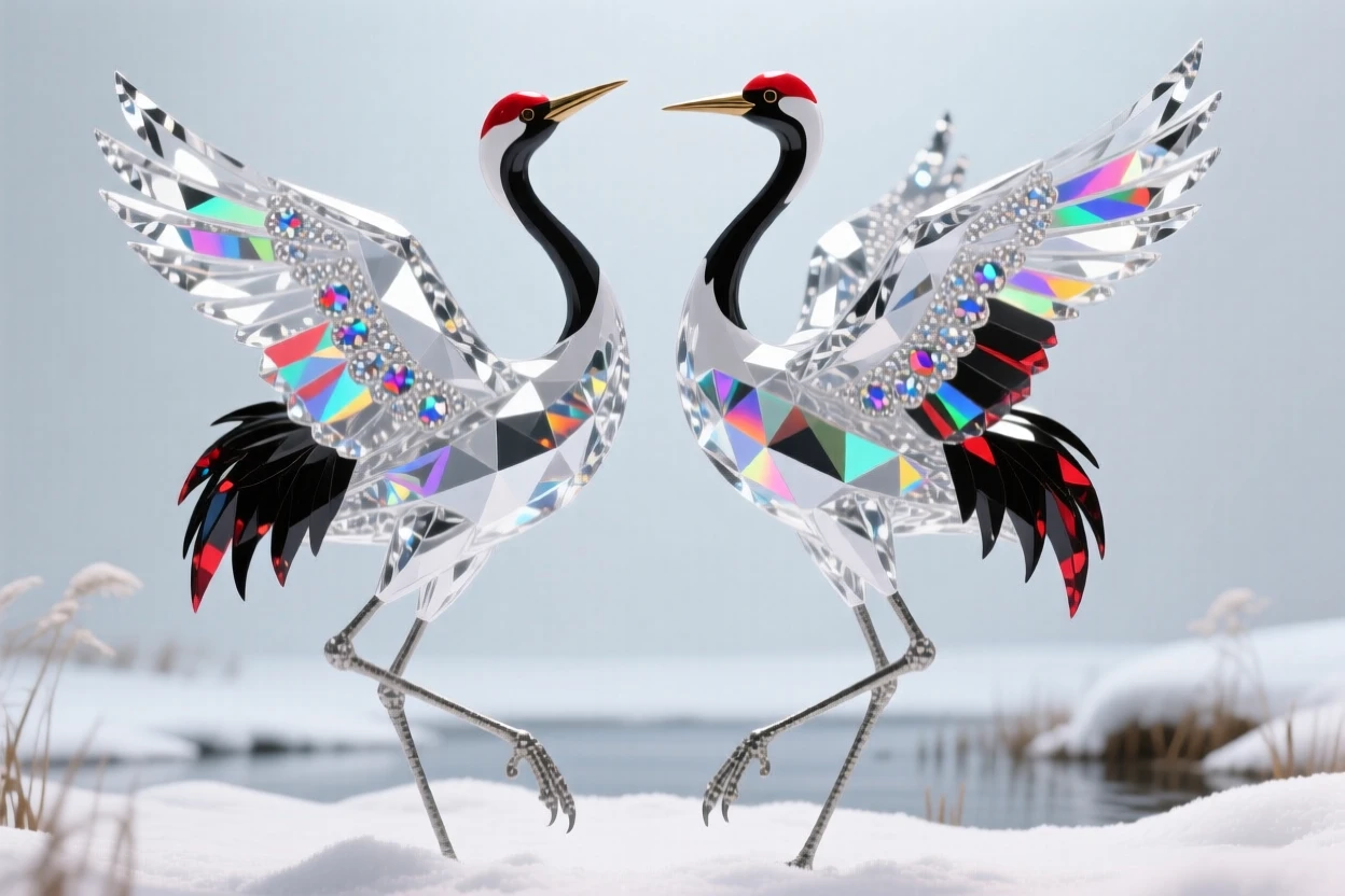 A pair of red-crowned cranes dancing together in a snowy Japanese wetland.