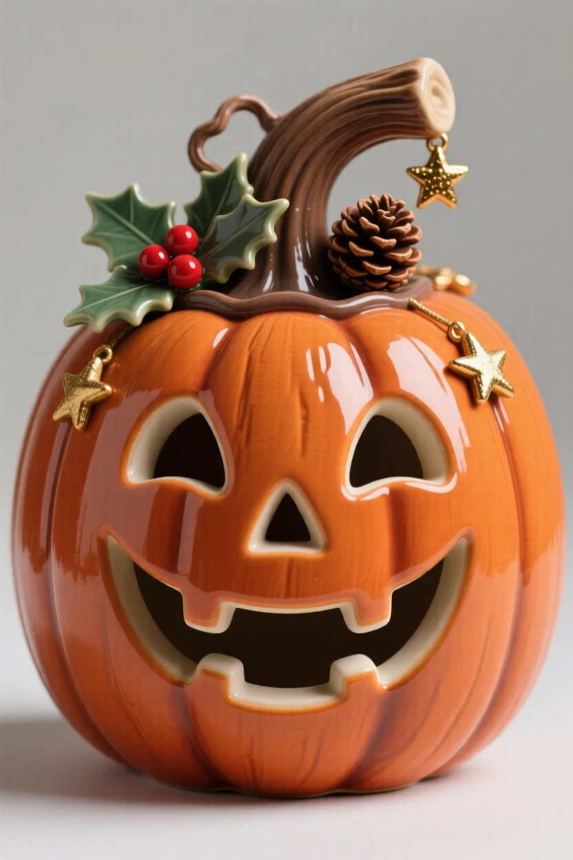 A jack-o-lantern with a cheerful carved grin displayed as a heartwarming holiday accent, decorated with small festive charms, capturing the magic of a beloved seasonal moment.