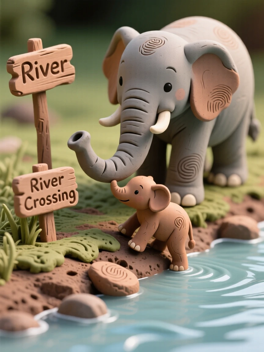 A young elephant using its trunk to help a smaller calf up a riverbank