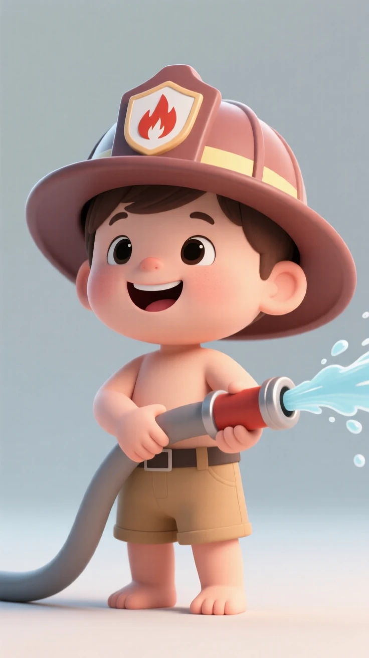 A toddler boy proudly wears an oversized firefighter helmet, grinning as he pretends to spray an imaginary hose.
