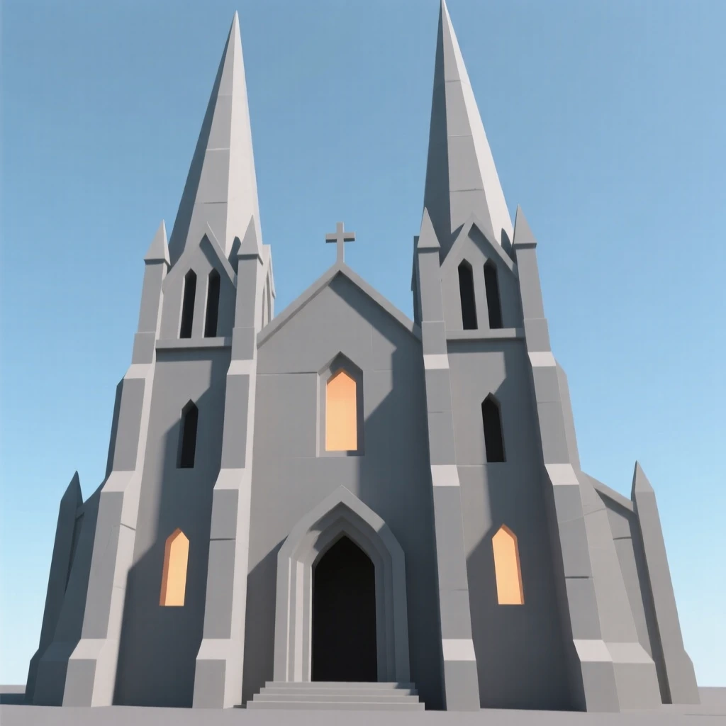 A grand cathedral with soaring stone spires, beneath a clear blue midday sky. warm window lights add a cozy glow to the scene. A quiet grandeur fills the setting.