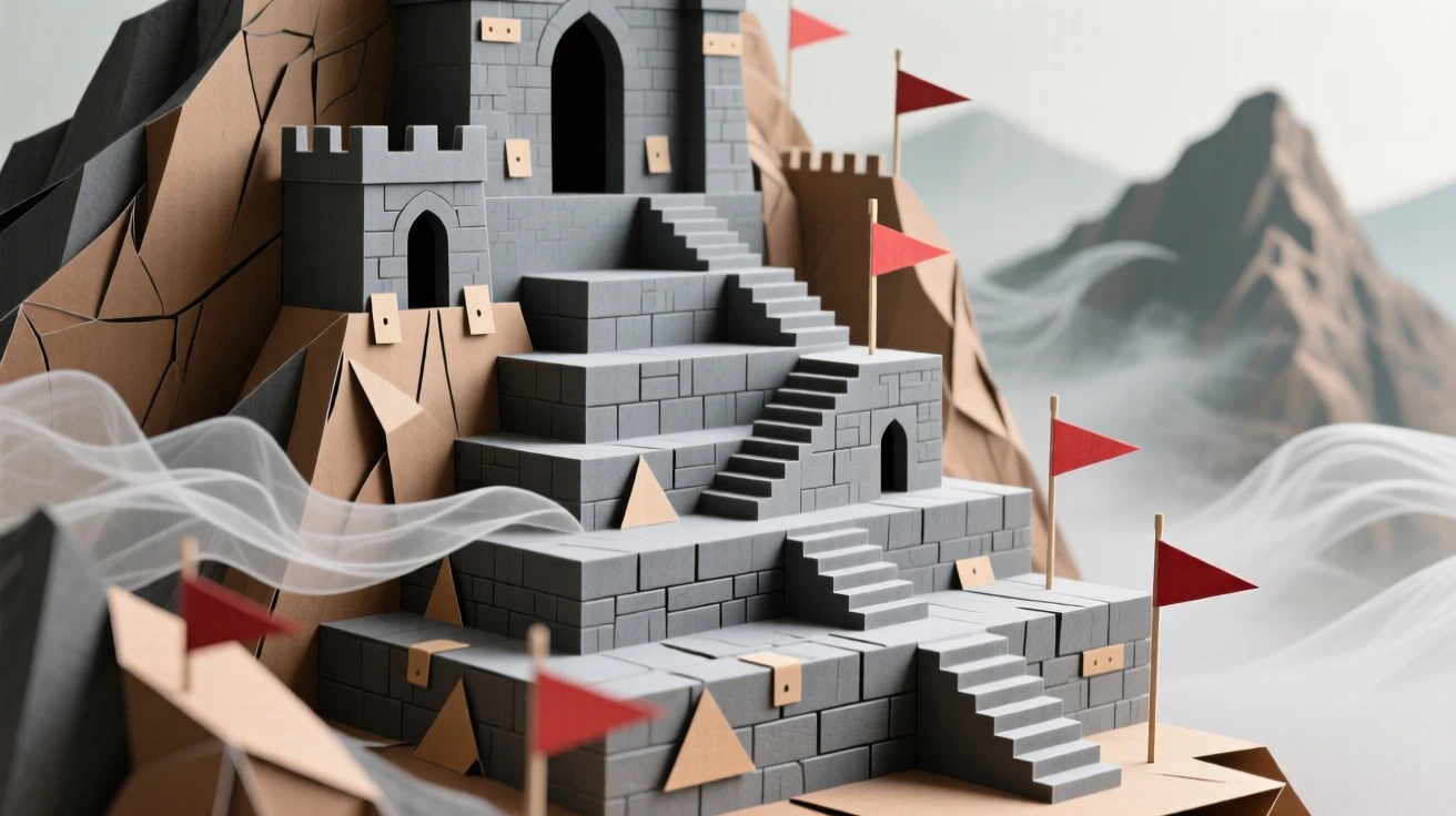 A grand ancient citadel carved into a mountainside, terraced stone paths winding upward through mist, evoking lost civilizations and epic scale.