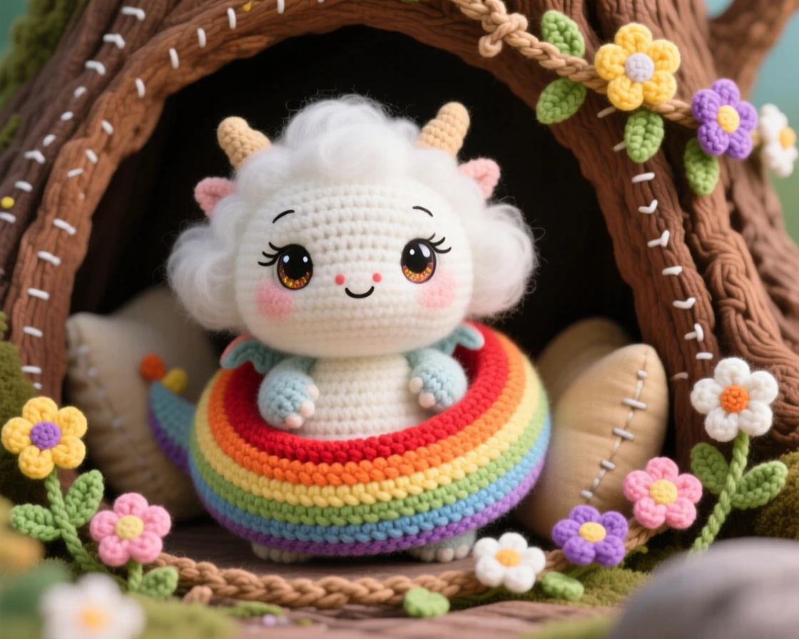 a round baby cloud dragon, with wispy fur made of soft mist, coiling playfully around a rainbow, within a cozy hollow inside a giant tree trunk, near a garland of woven wildflowers, radiating a cozy, storybook enchantment.