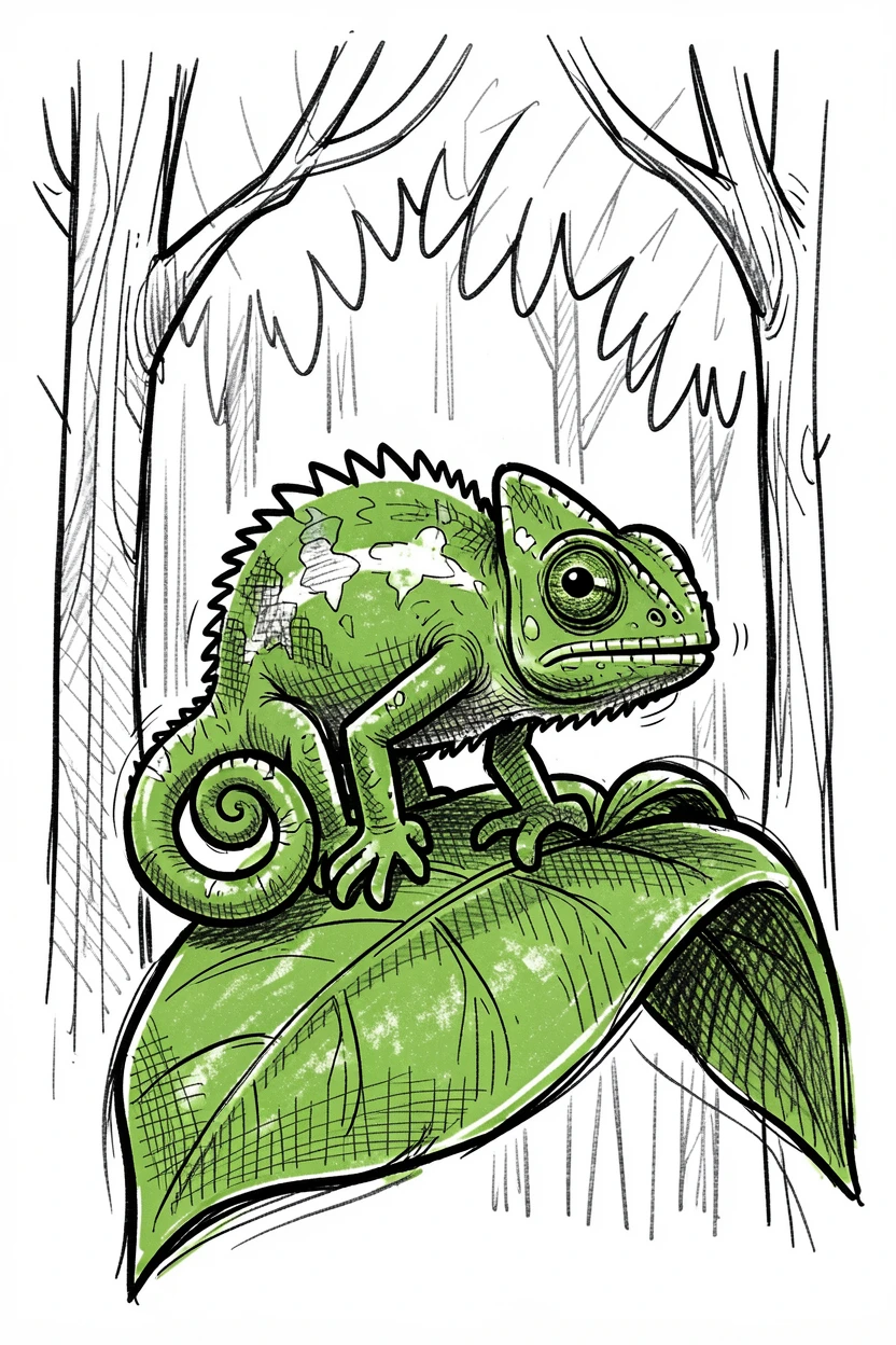 A chameleon on a green leaf under a canopy of tall trees.