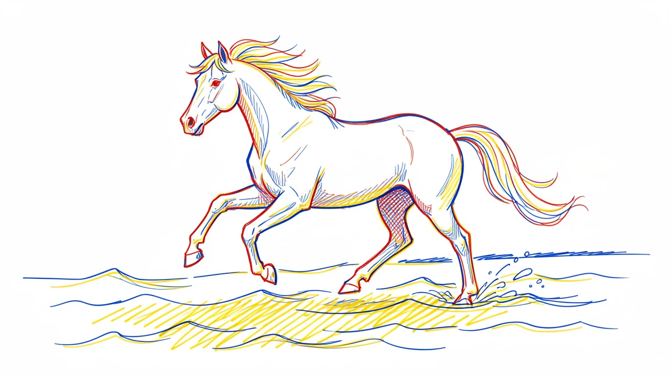 A majestic white stallion galloping through shallow ocean waves