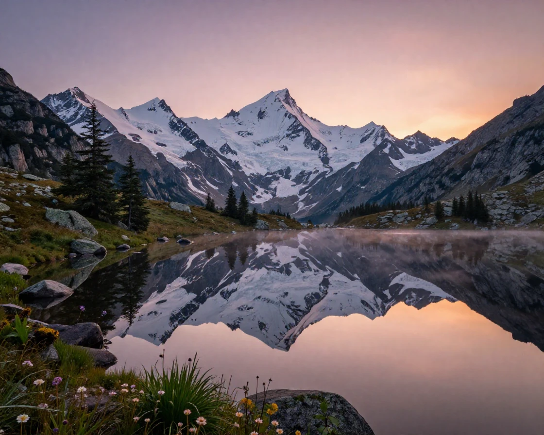 Snow-capped peaks reflected in a still alpine lake at dawn