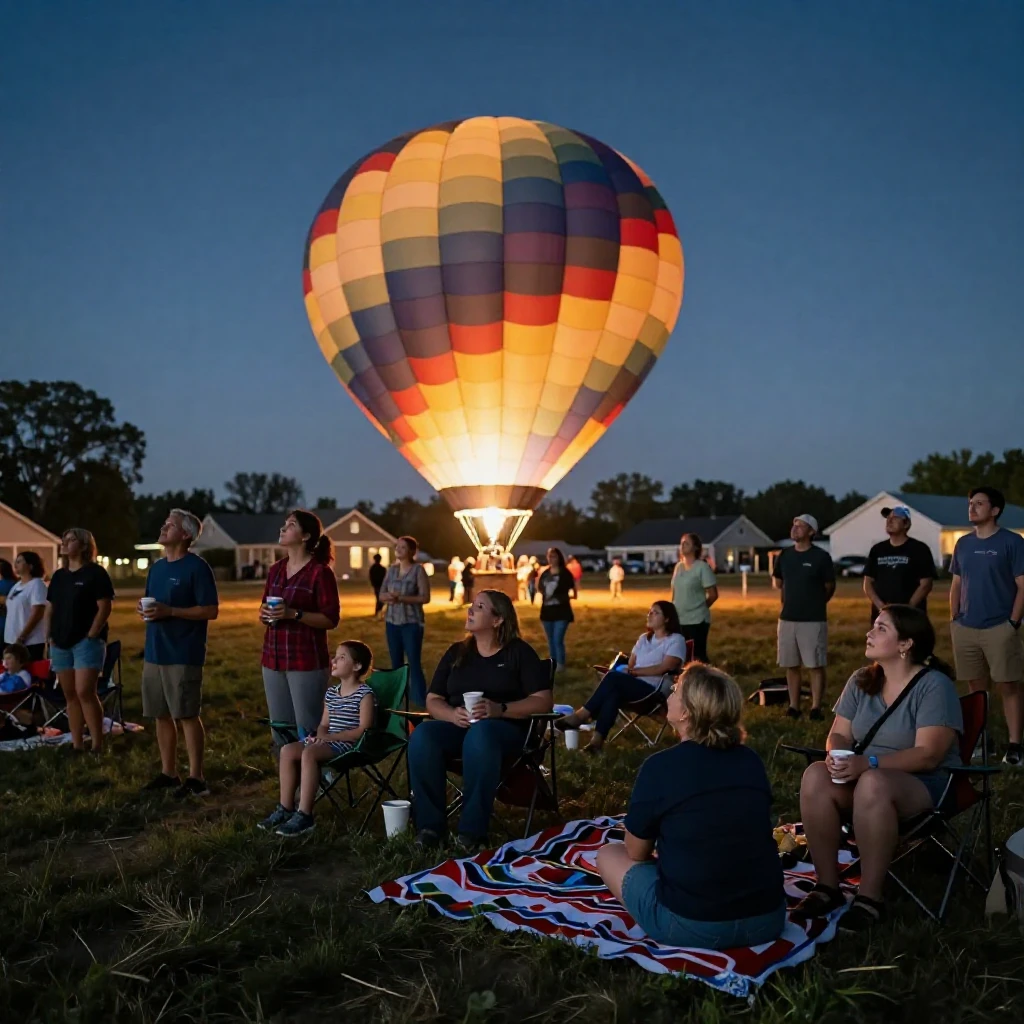 A town gathers to watch a hot air balloon glow night light up a dark field.