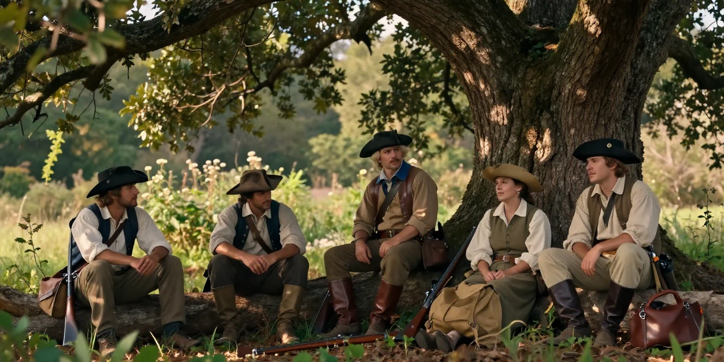 A band of colonial explorers resting beneath the shade of an old oak tree