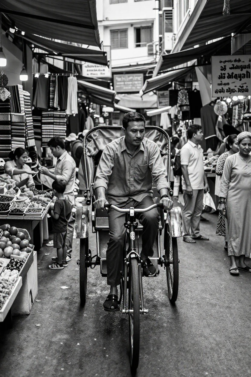 A rickshaw driver pedals through a crowded market lane through a bustling Asian city.