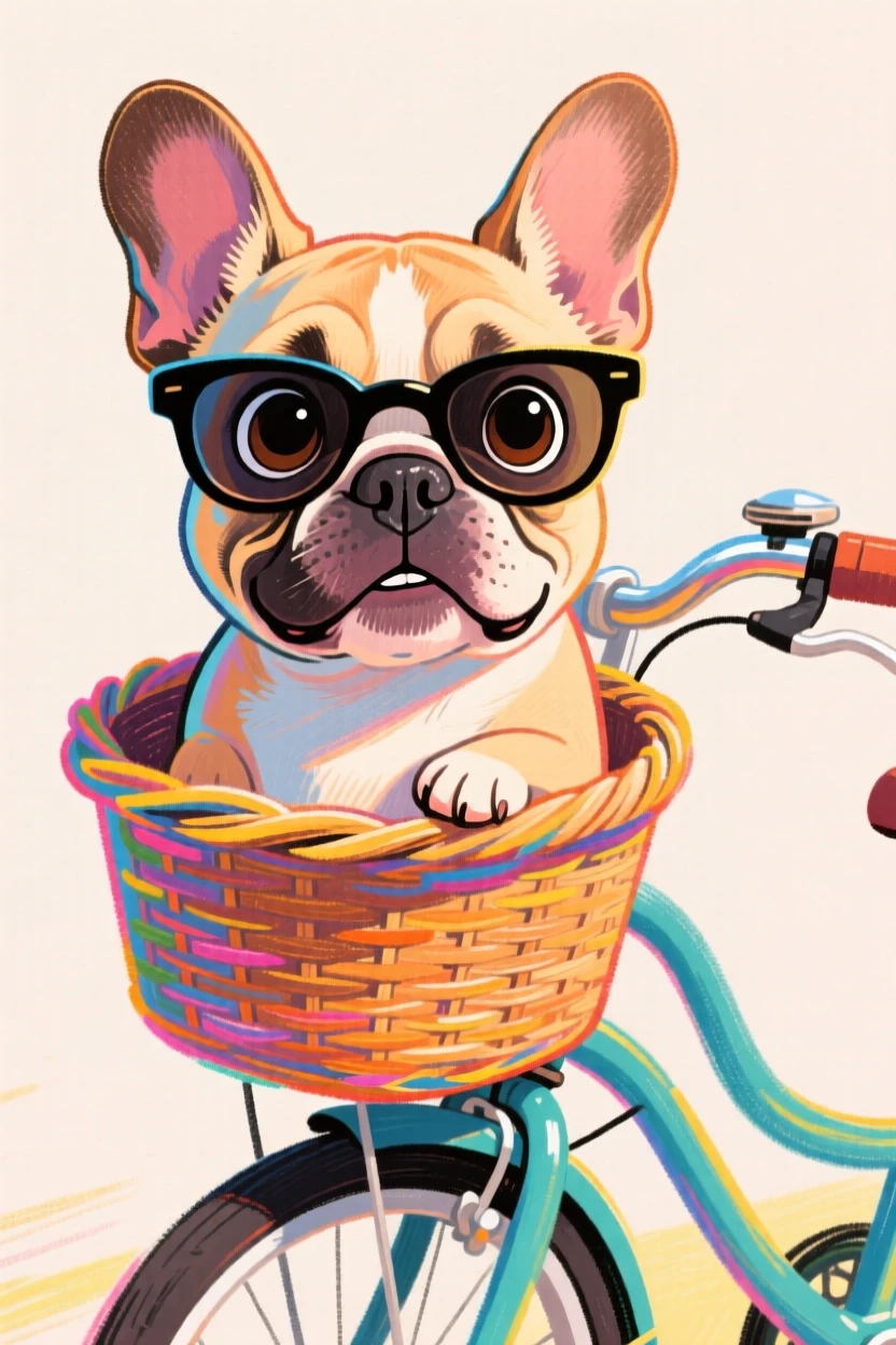 A tiny French bulldog wearing oversized sunglasses, riding in a bicycle basket.