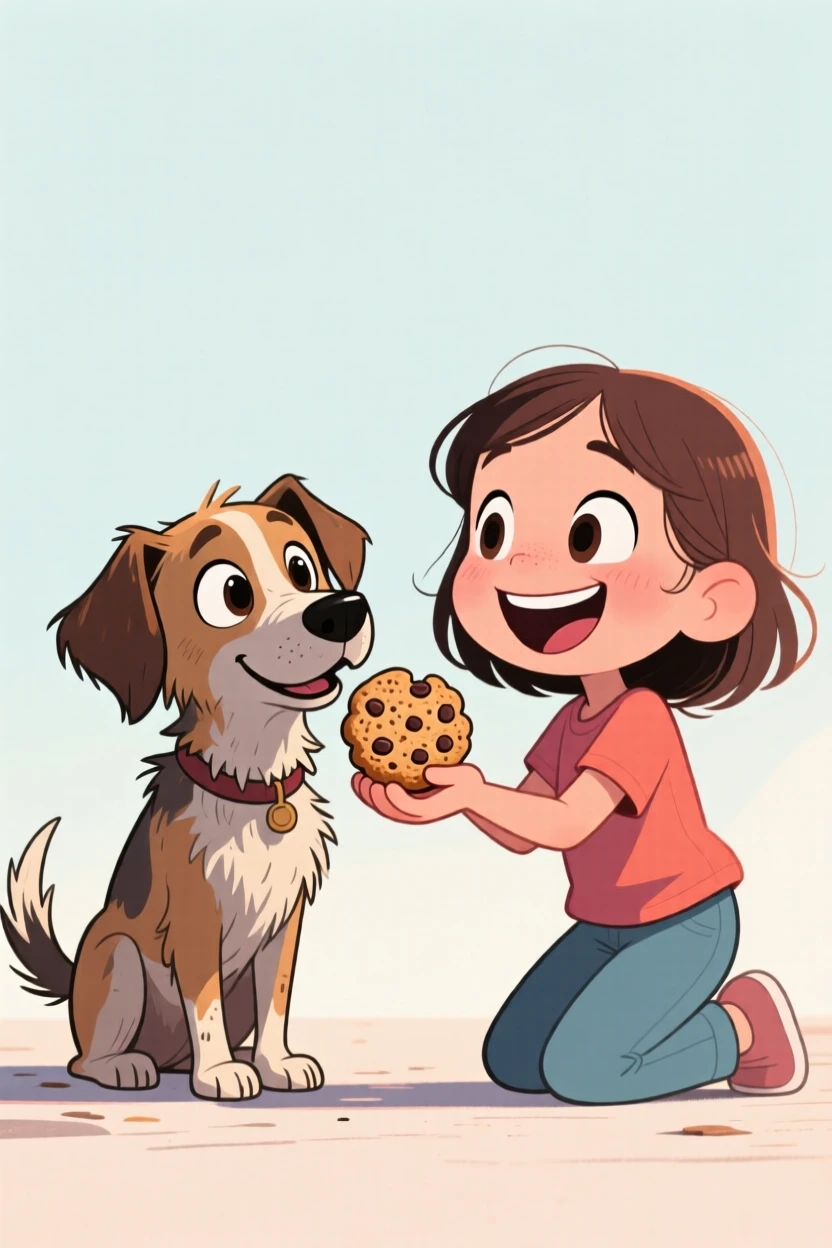A heartwarming moment depicting a little girl handing her last cookie to a stray dog, both looking equally pleased.