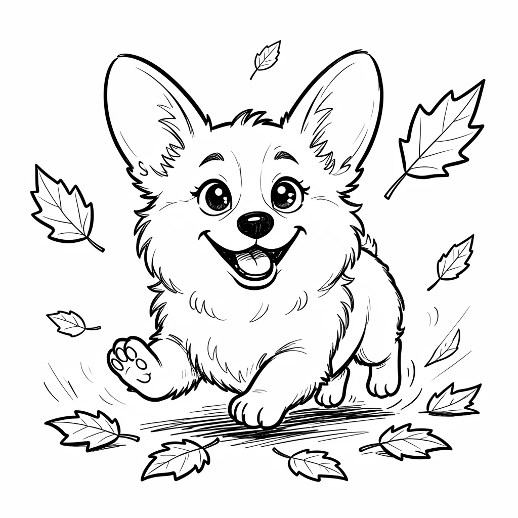 [Cute Animals & Pets] Adorable scene of a fluffy corgi with stubby legs bounding through fallen leaves, bursting with charm and playful energy