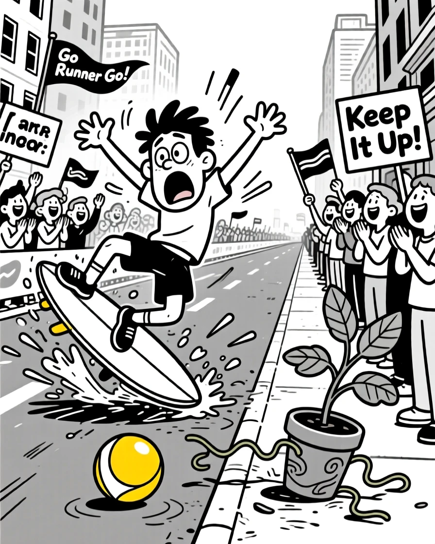 A surfer wiping out spectacularly, swinging wildly and missing the ball entirely, set on a city marathon route lined with cheering crowds. A wobbly potted plant nearly topples over. There's pure, giddy passion radiating from the scene.