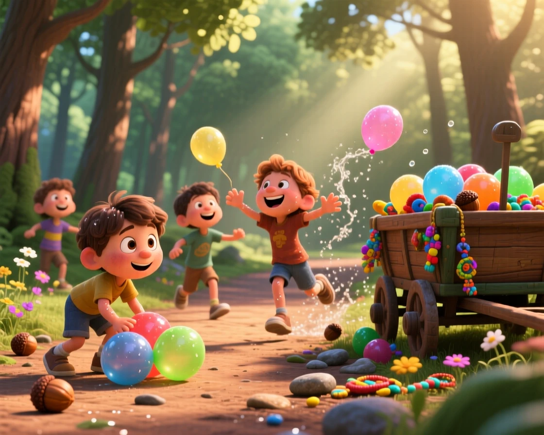 Kids having a water balloon fight in the backyard takes place along a quiet forest trail dappled with light, with a wagon full of collected treasures nearby. The mood is playful, curious, and full of imagination.