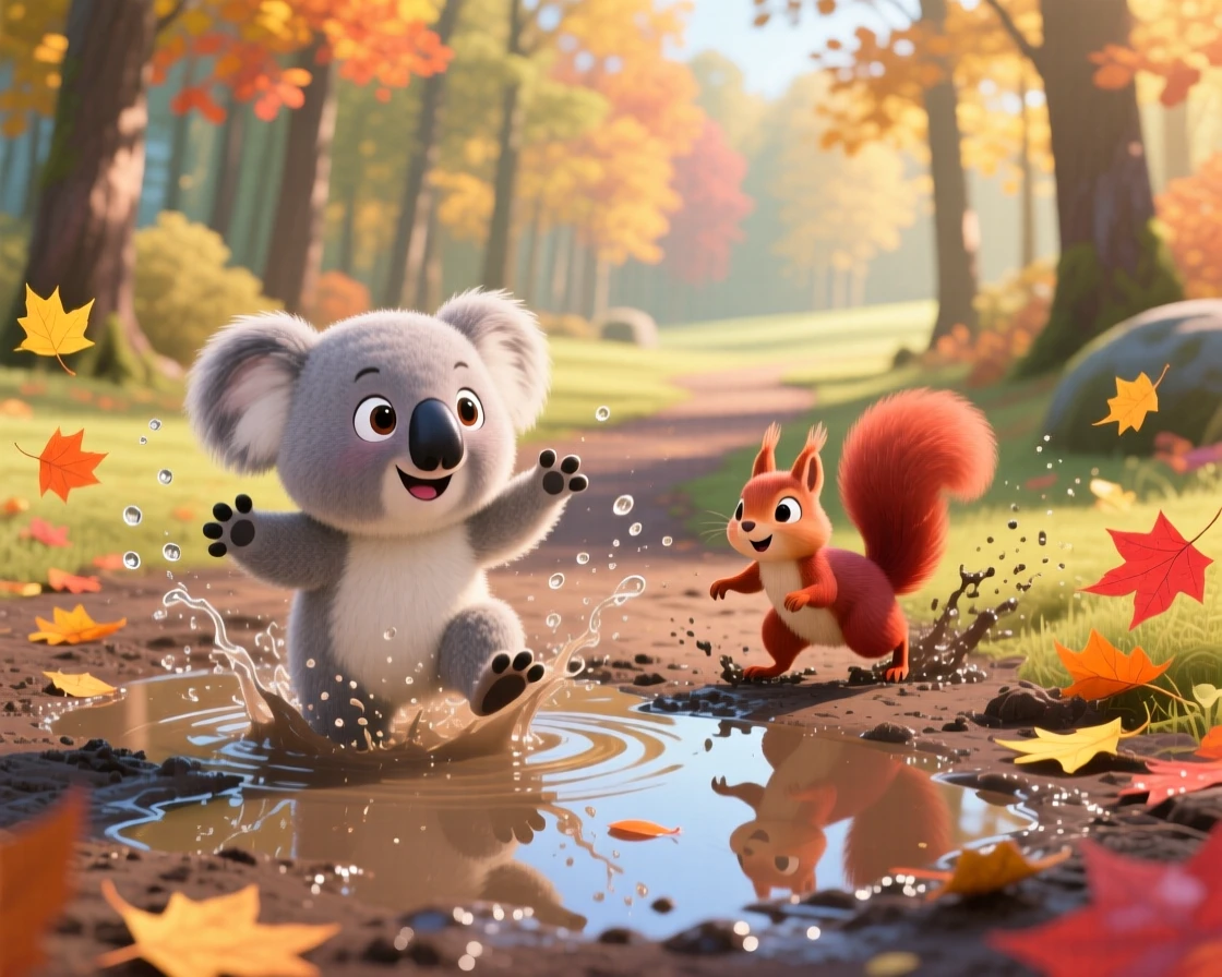 Near a quiet forest clearing, a round koala joey is splashing through puddles alongside a small woodland friend, with a trail of fallen leaves swirling around.