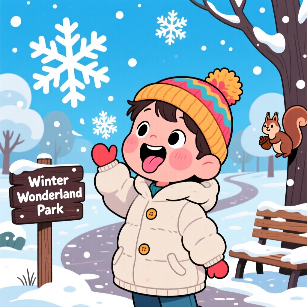 A child catching snowflakes on their tongue in a quiet park.
