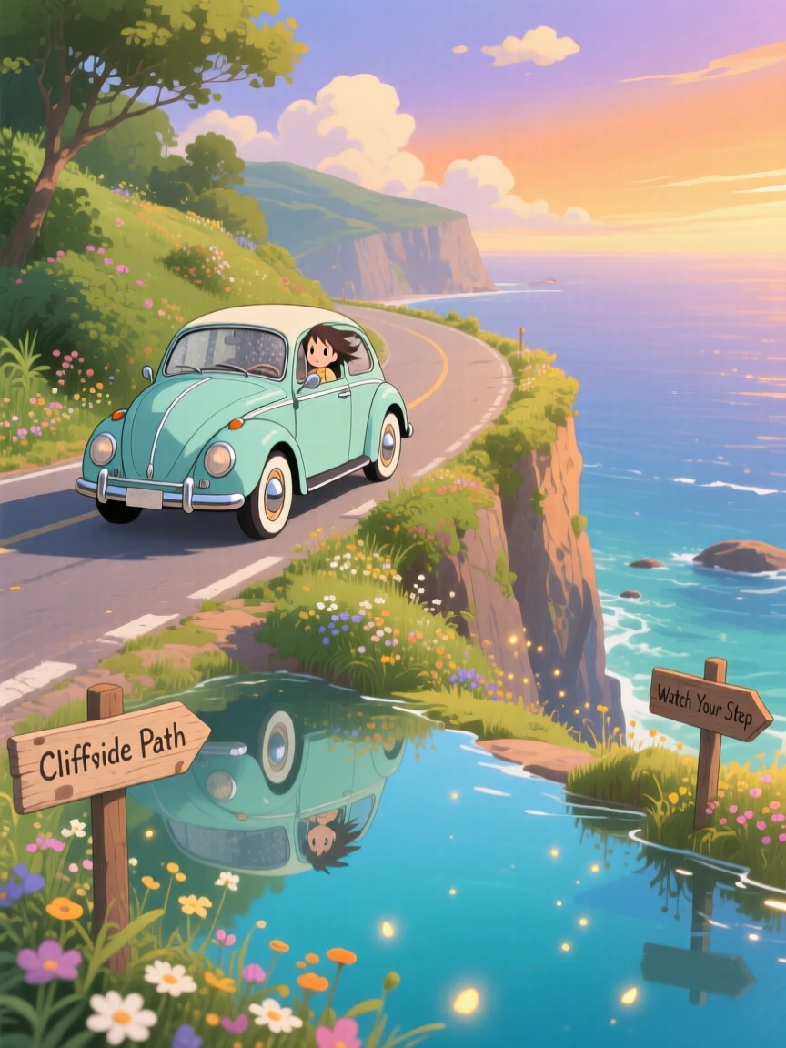 A charming scene of a vintage car winding along a coastal cliffside road, reflected in the still water below.