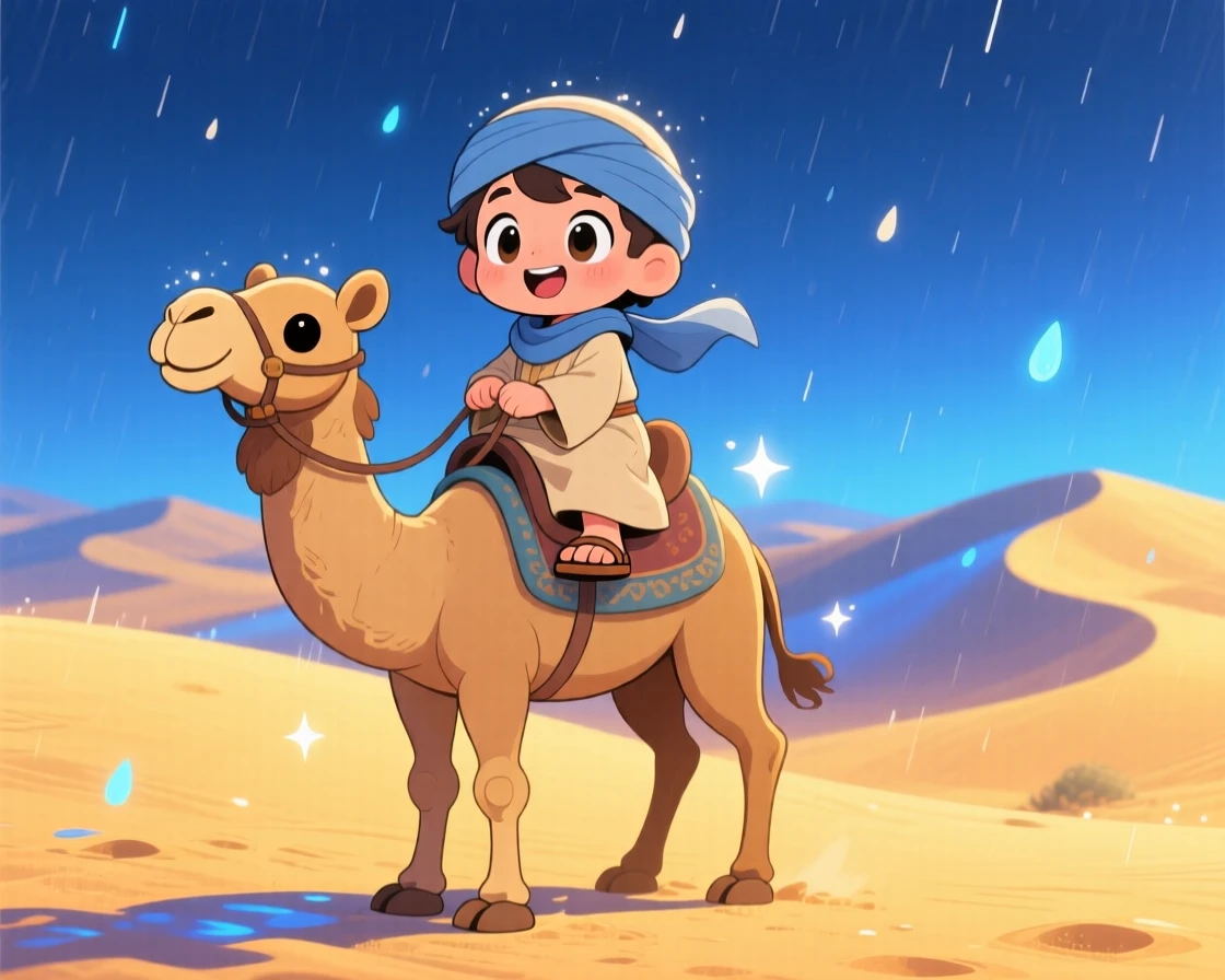 A desert nomad child riding atop a friendly camel, framed as a full-body shot within golden rolling sand dunes, during a gentle spring rain shower, glowing under cool blue twilight glow, evoking curious excitement.