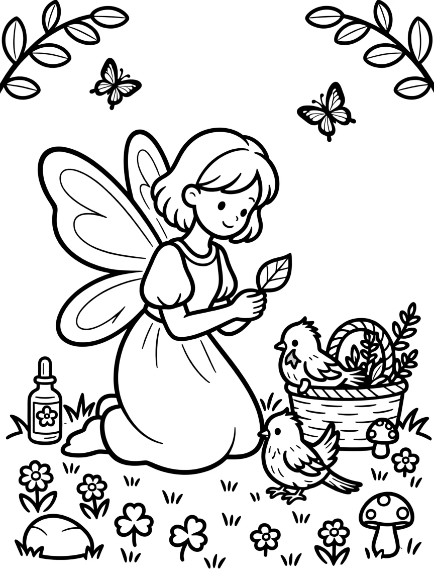 A fairy healer tending to an injured baby bird