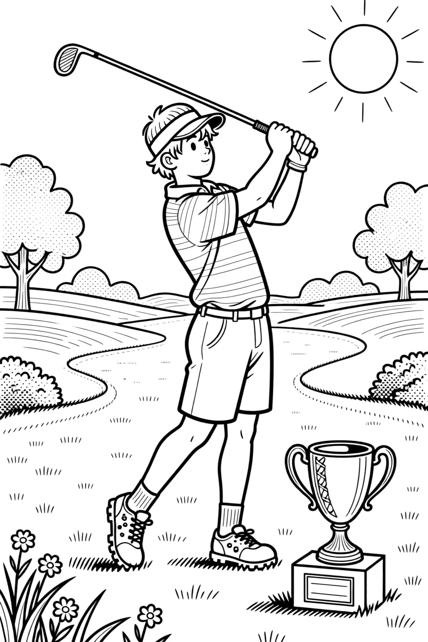 A golfer mid-swing on a sunlit fairway, with a trophy gleaming nearby.
