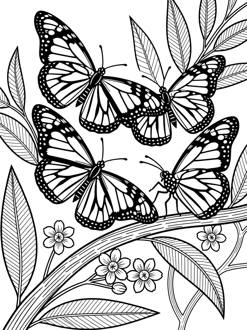 A group of monarch butterflies clustered on a milkweed branch.