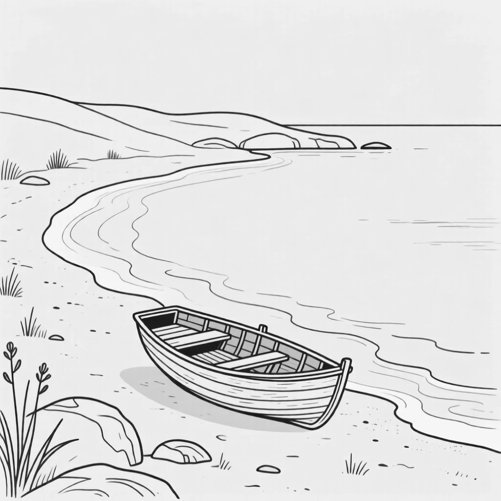 A quiet cove with a small wooden rowboat resting on the shore