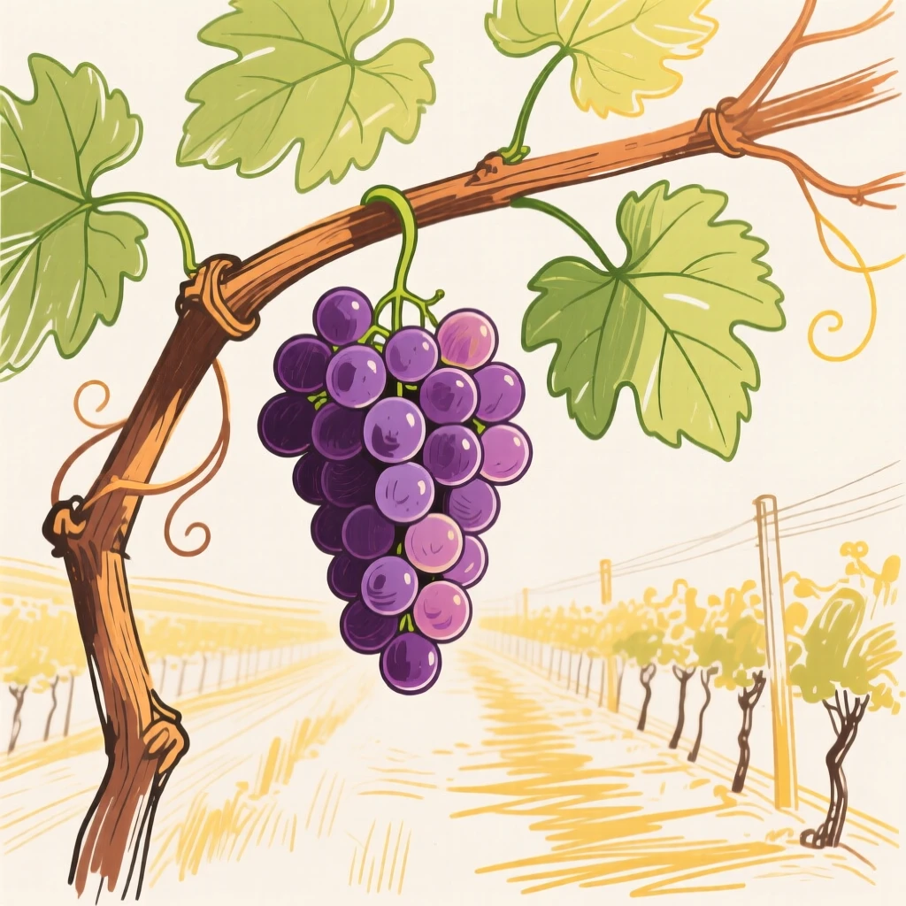 A vine of grapes hanging in a sunlit vineyard.