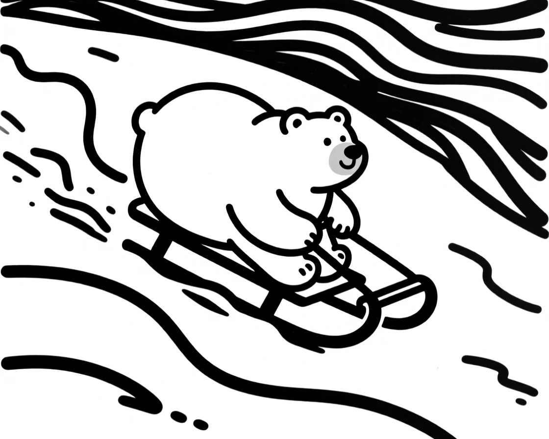 A chubby polar bear character sledding down a snowy hill on its belly.