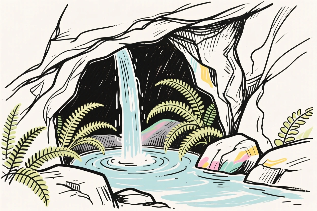 A hidden grotto with a natural spring surrounded by ferns.
