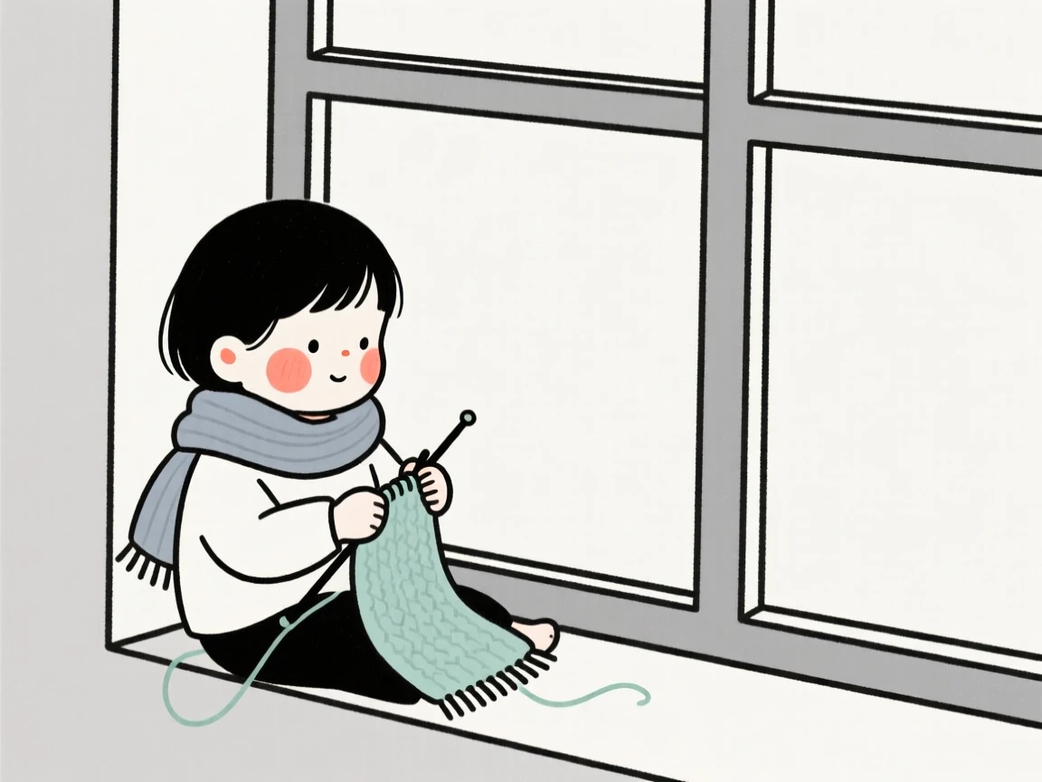 A small child knitting a scarf by a window.