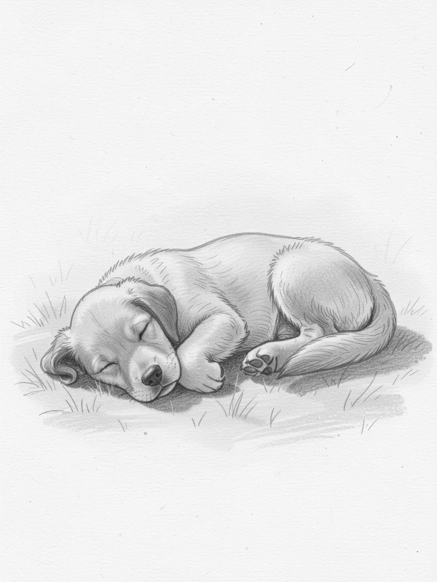 A golden retriever puppy napping in a patch of warm sunlight, framed by soft morning mist.