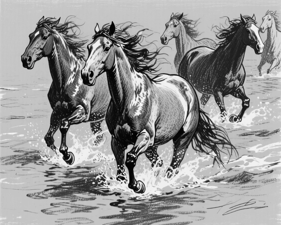 A herd of wild horses swimming through calm turquoise waters.