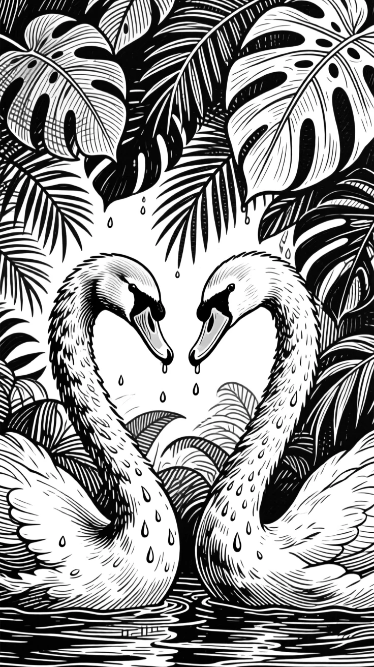 A pair of swans beneath a canopy of tropical leaves, with droplets of water clinging to its coat, capturing a fierce yet graceful moment in nature with a strong, centered focal point.