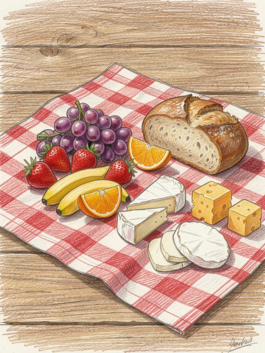 A picnic spread of fresh fruit, cheese, and crusty bread on a checkered blanket, arranged casually on a rustic wooden surface, evoking comfort, warmth, and the simple pleasure of good food.